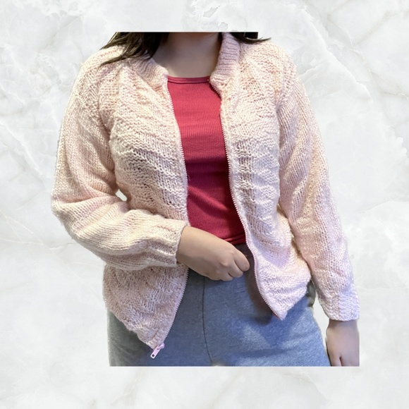 Cute and Comfy Pastel Pink Knitted Sweater with Front Zipper - Picture 1 of 8